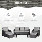 Image of an Outsunny 7 Seater Rattan Garden Furniture Set With Coffee Table Footstools and Reclining Armchairs Grey Rattan and Light Grey Cushions