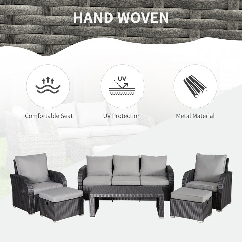 Image of an Outsunny 7 Seater Rattan Garden Furniture Set With Coffee Table Footstools and Reclining Armchairs Grey Rattan and Light Grey Cushions