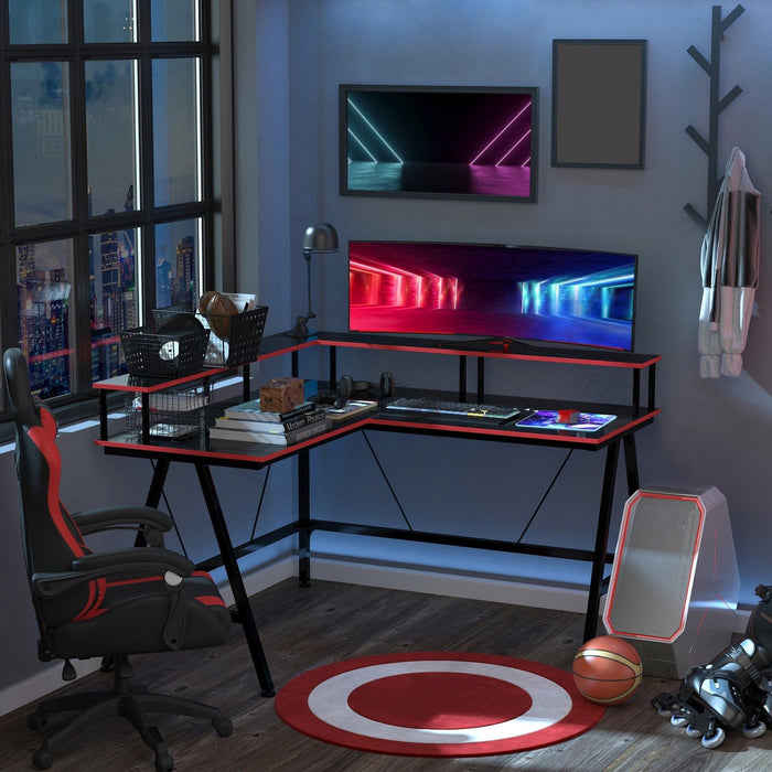 Corner Gaming Desk With Monitor Shelf Black/Red Workstation