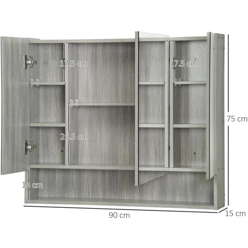 Grey Wall Mounted Bathroom Mirror Cabinet, 90W x 15D x 75Hcm