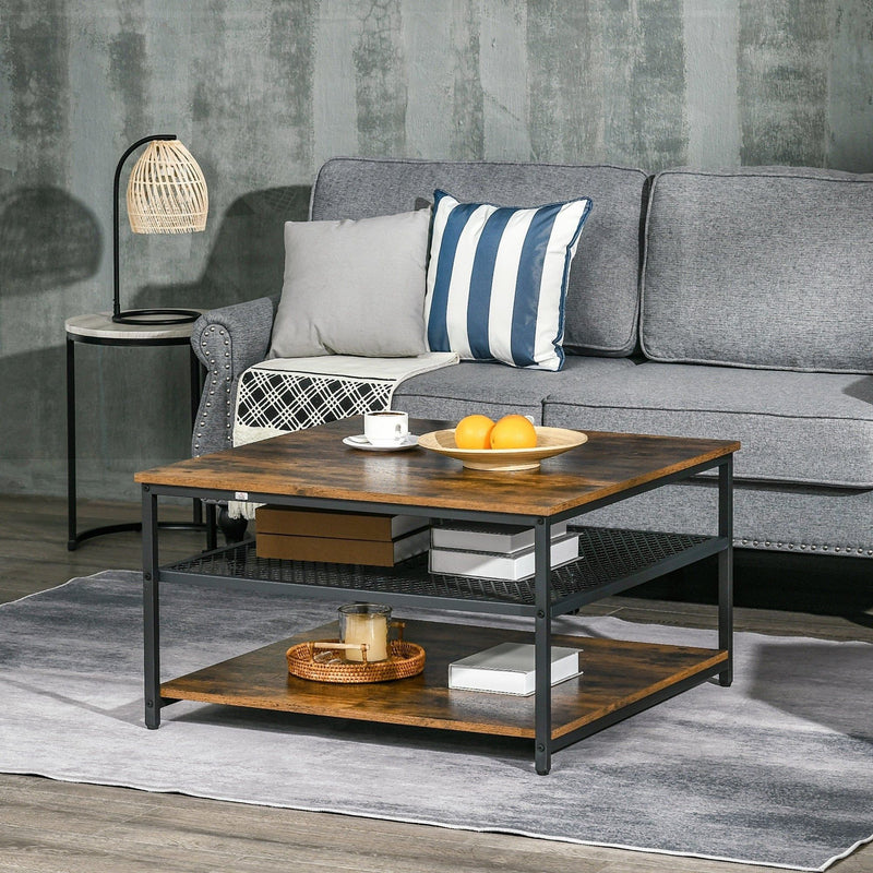 Square Coffee Table with Storage, Rustic Industrial