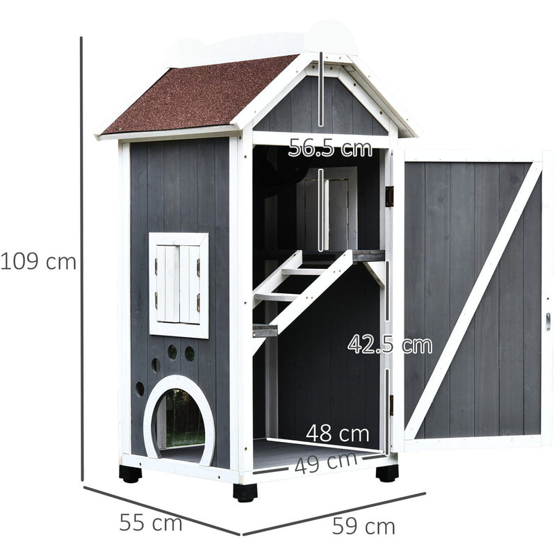 Wooden Cat Shelter, 2 Floors - Grey & White