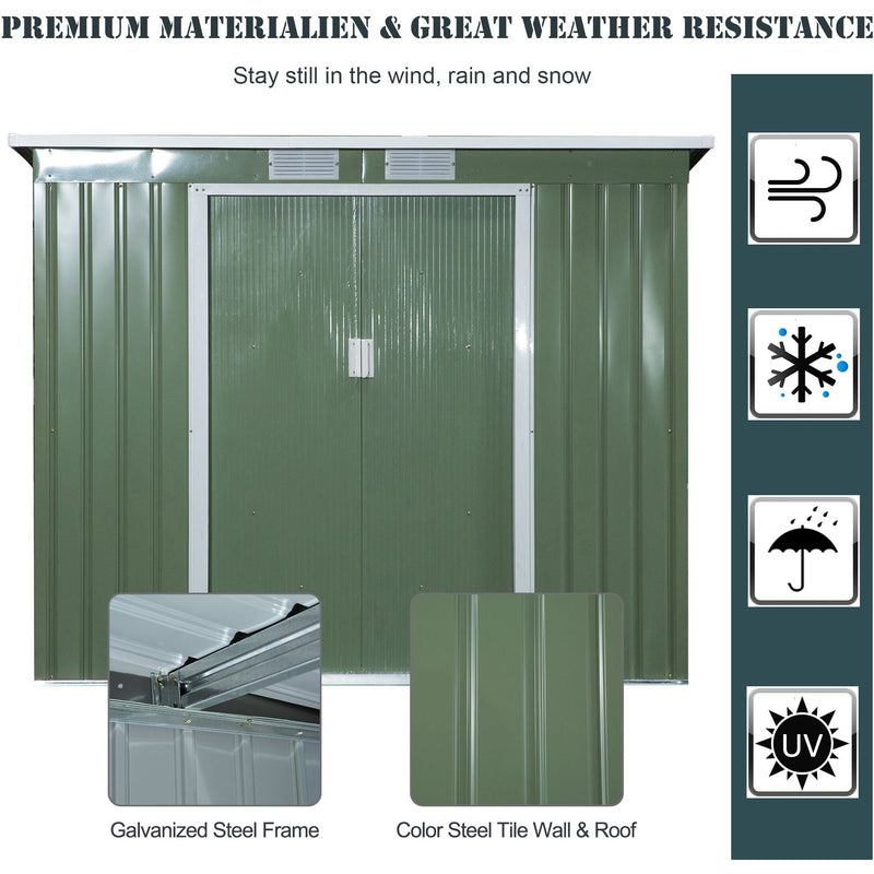 7x4ft Metal Garden Storage Shed, Green