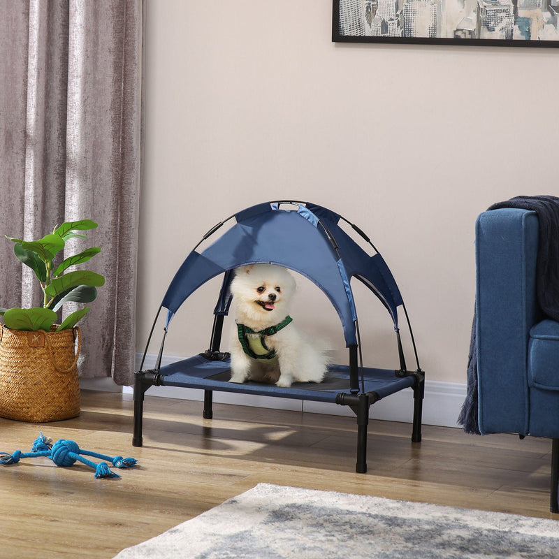 Small Raised Dog Bed with Canopy, Blue - (61x46x62cm)