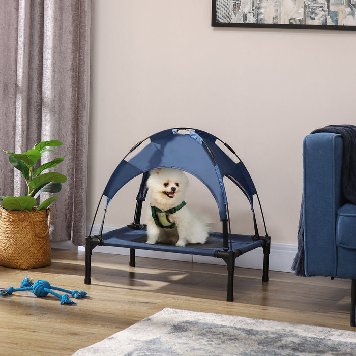 Small Raised Dog Bed with Canopy, Blue - (61x46x62cm)
