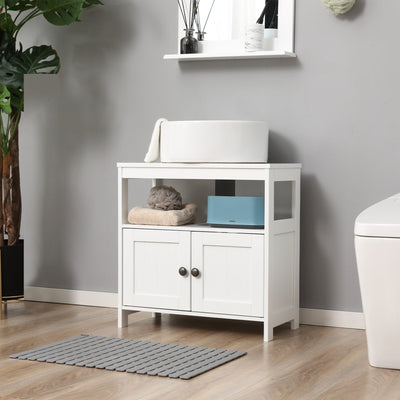 White Pedestal Under Sink Cabinet With Double Doors Kleankin