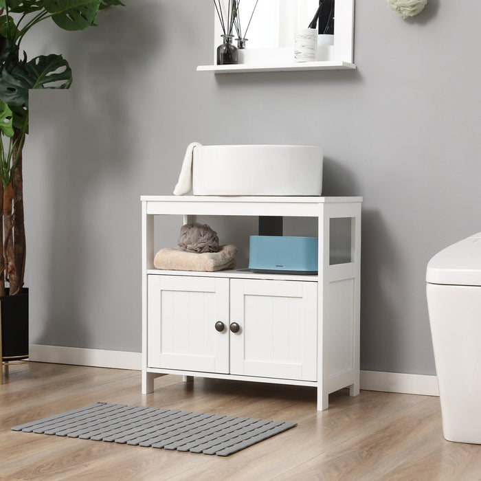 White Pedestal Under Sink Cabinet With Double Doors