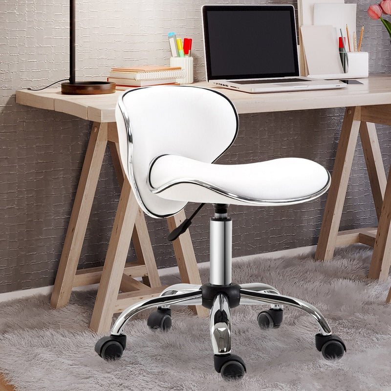 Salon Chair With Wheels, White Faux Leather