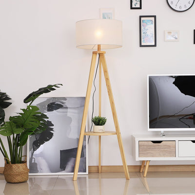 Free Standing Floor Lamp, Beige/Natural Wood Homcom