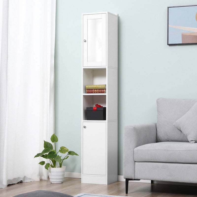 Tall White Freestanding Bathroom Storage Cabinet With Mirror