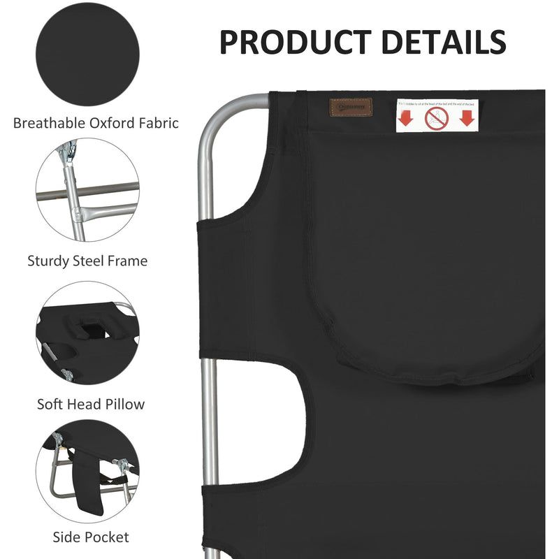 Outsunny Foldable Sun Lounger, Beach Chaise Lounge with Reading Hole, Arm Slots, 5-Position Adjustable Backrest, Side Pocket, Pillow for Patio Black Outsunny