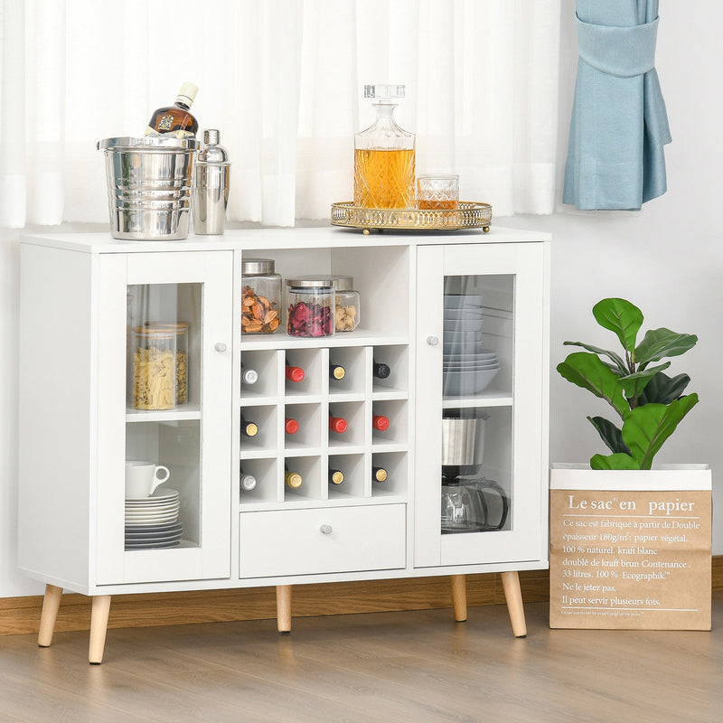 White Modern Sideboard with Glass Doors, Drawer, Wine Rack