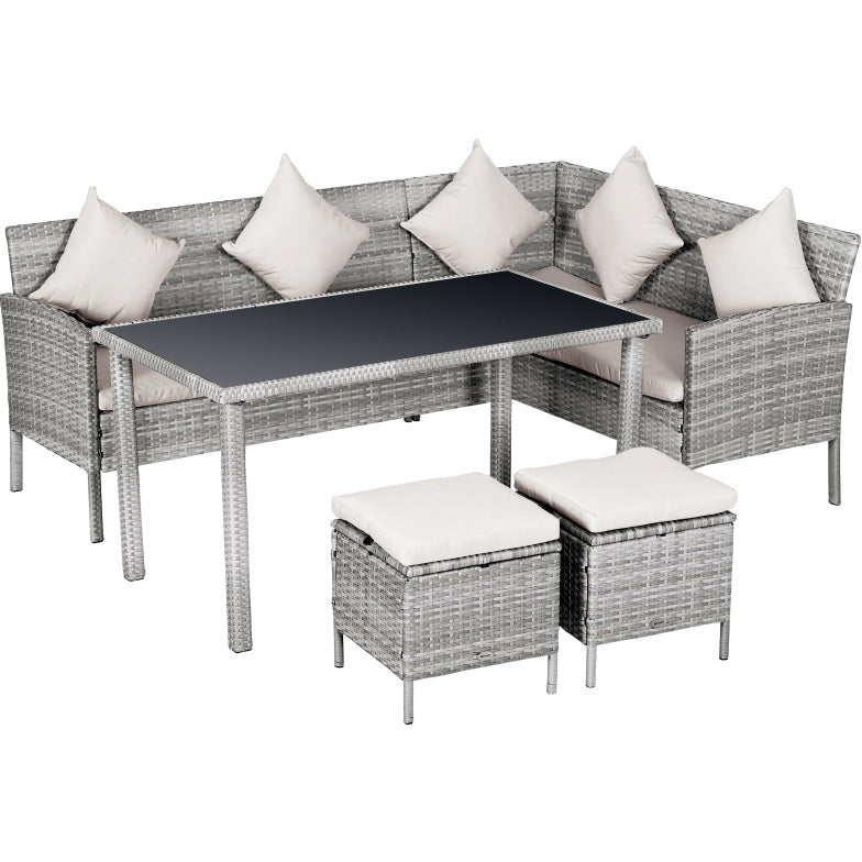 Stylish 6 Seat Garden Dining Set, Corner Sofa, Table & Stools Outsunny
