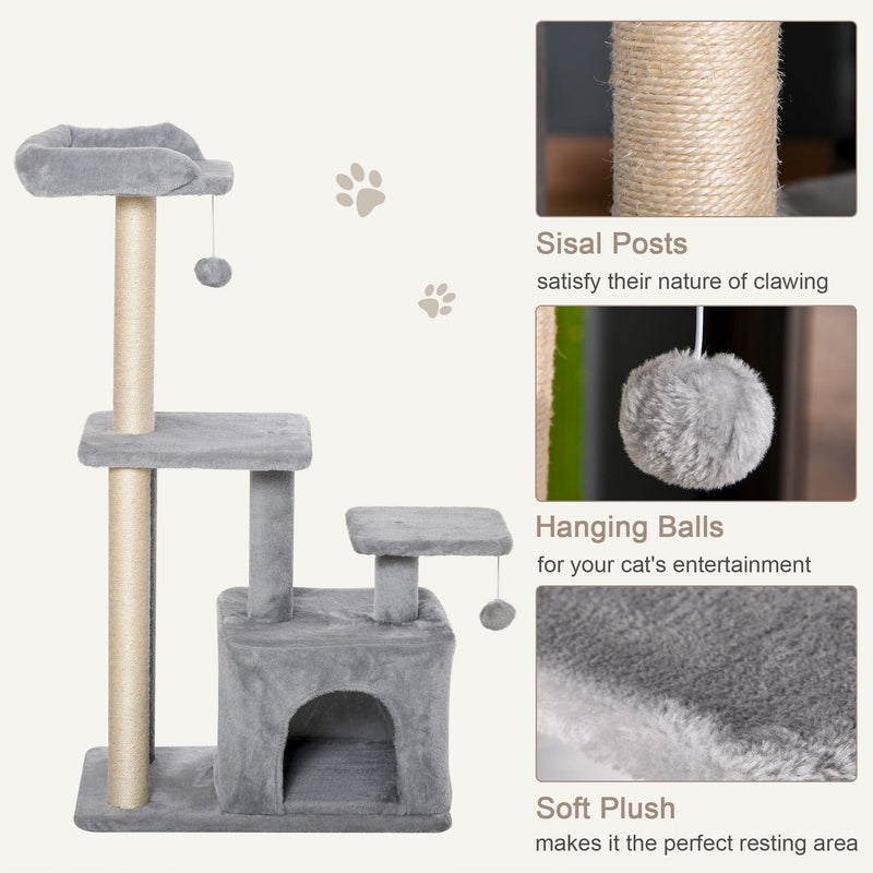 114cm Grey Cat Tree, Climbing Centre, Sisal Post, Condo