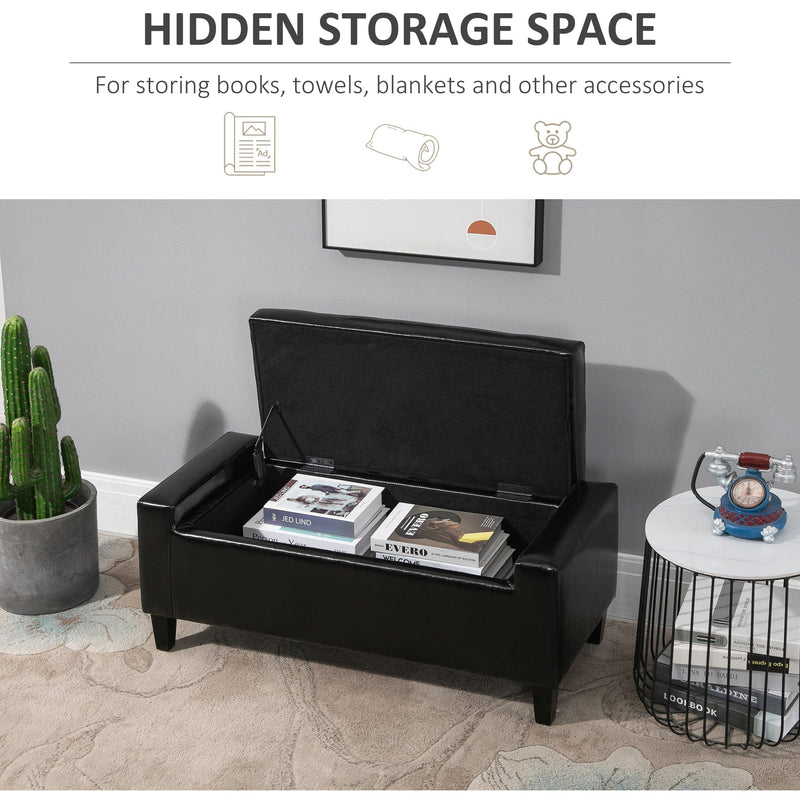 Leather Ottoman, Storage, 92x40x40cm, Black