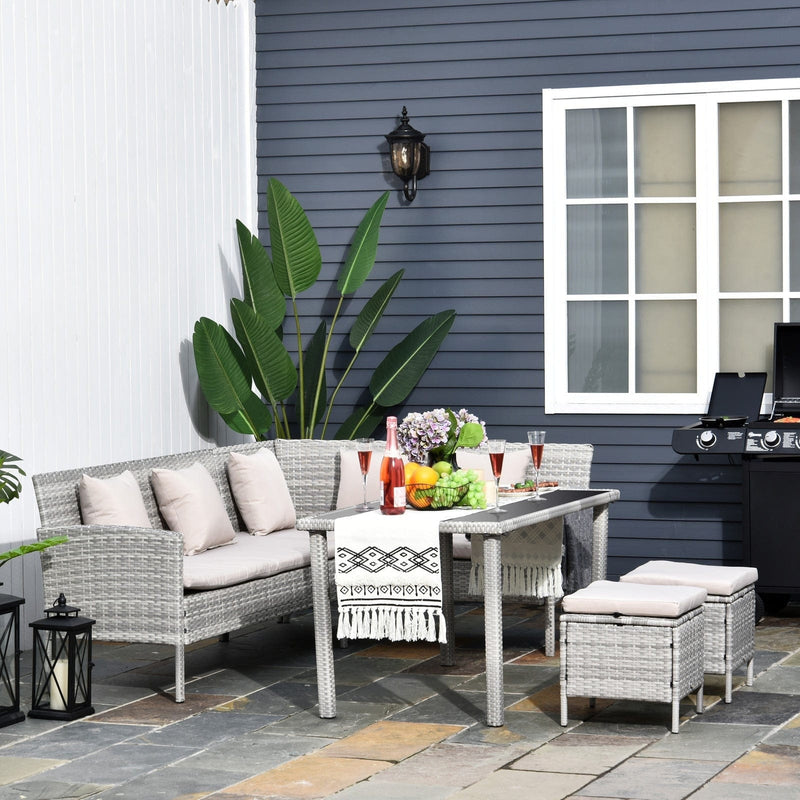 Stylish 6 Seat Garden Dining Set, Corner Sofa, Table & Stools Outsunny