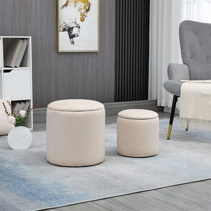 Set of 2 White Fabric Ottomans with Removable Lid