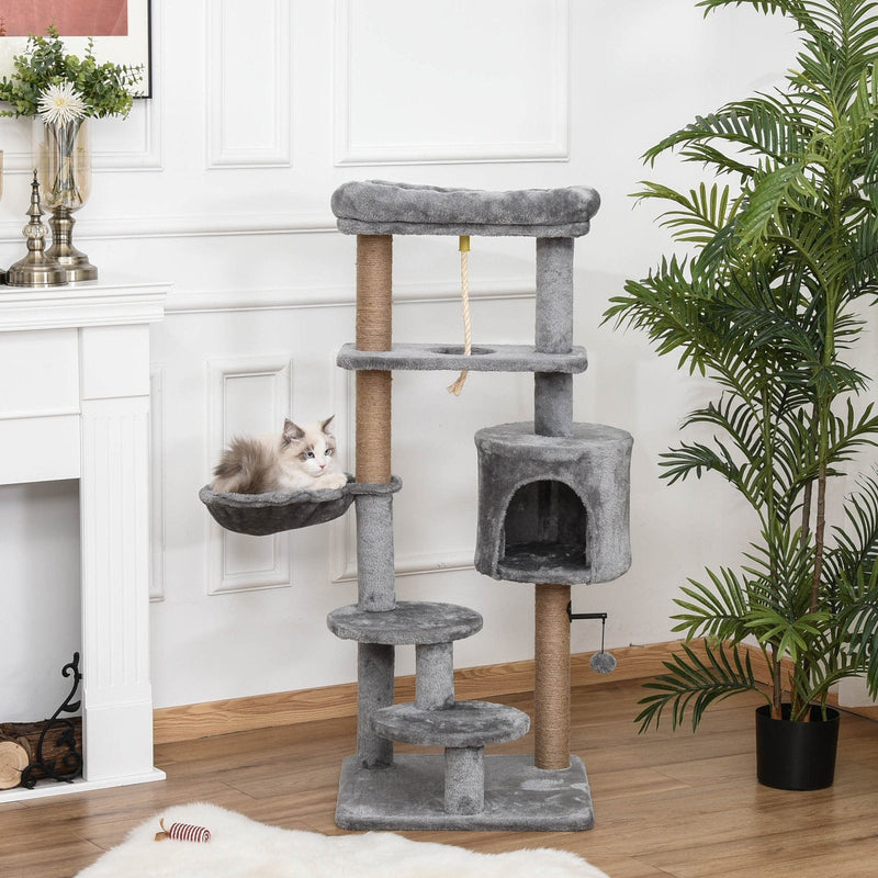 Grey Cat Tree, Climbing Centre, Jute Post, Hammock, 120cm