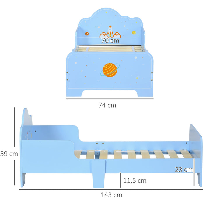 Blue Toddler Bed: Rocket & Plants Patterns, Safety Rails