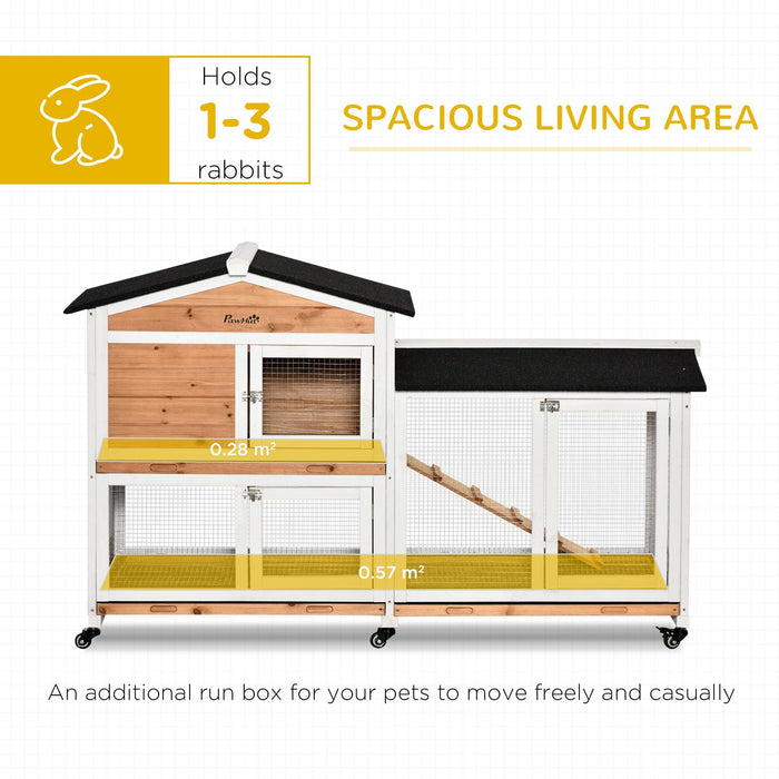 PawHut Mobile Rabbit Hutch with Ramp Wooden Two-Tier