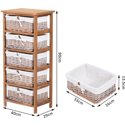 5 Drawer Wicker Basket Shelf, Wooden Frame, Bedroom/Office Homcom