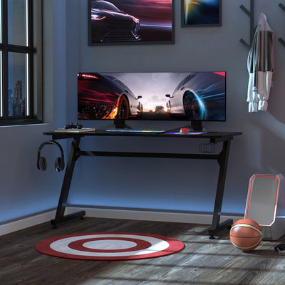 Steel Frame Gaming Desk with Cup Holder & Cable Organiser Homcom