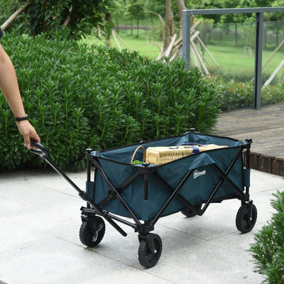 Outsunny Pull Along Cart Folding Cargo Wagon Trailer Trolley for Beach Garden Use with Telescopic Handle - Green Outsunny