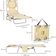 Outsunny Foldable Sun Lounger, Beach Chaise Lounge with Reading Hole, Arm Slots, 5-Position Adjustable Backrest, Side Pocket, Pillow for Patio, Beige Outsunny