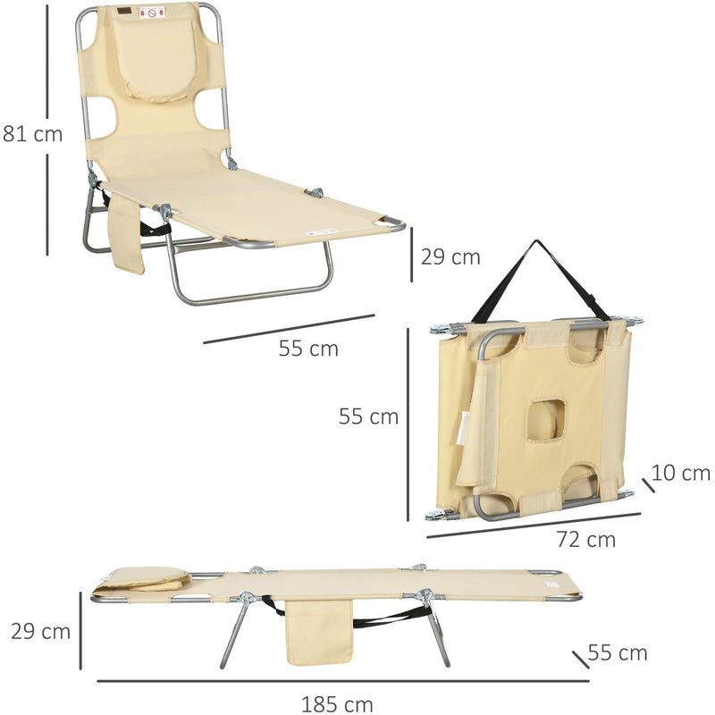 Outsunny Foldable Sun Lounger, Beach Chaise Lounge with Reading Hole, Arm Slots, 5-Position Adjustable Backrest, Side Pocket, Pillow for Patio, Beige Outsunny
