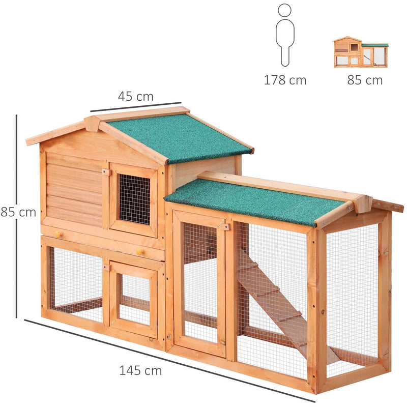 Rabbit 2 Tier Fir Wood Small Animal Hutch w/ Ramp Brown AOSOM