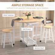 HOMCOM 3PC Wooden Kitchen Cart Mobile Rolling Trolley Folding Bar Table Two Stools Dining Chair Storage Shelf w/2 Drawers & 6 Wheels Homcom