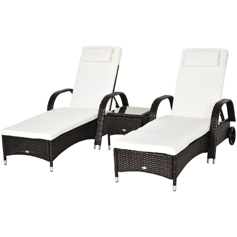 3pc Rattan Garden Lounge Set, Wheeled Loungers, Table