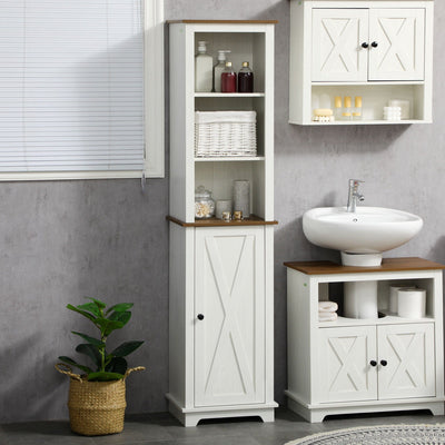 White Tall Bathroom Cabinet With Door & Adjustable Shelves Kleankin
