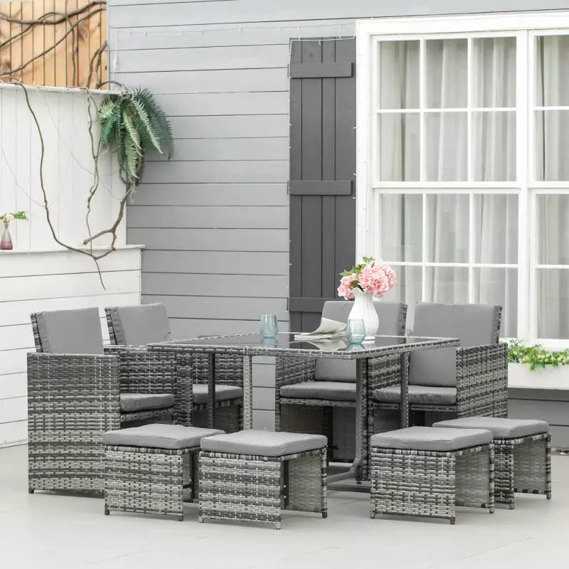 Rattan Cube Dining Set, Mixed Grey, Seats 8