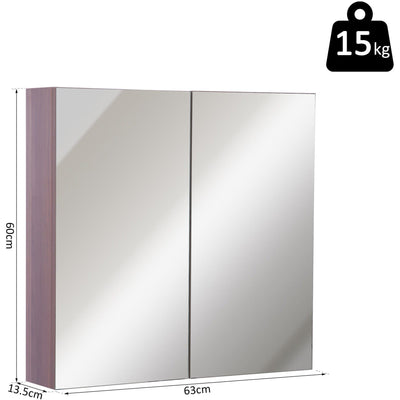 Bathroom Cabinet With Mirror, 63W x 13.5D x 60H cm, Walnut Kleankin