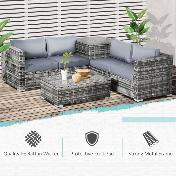 6Pc Grey Rattan Corner Sofa Set with Storage Coffee Table