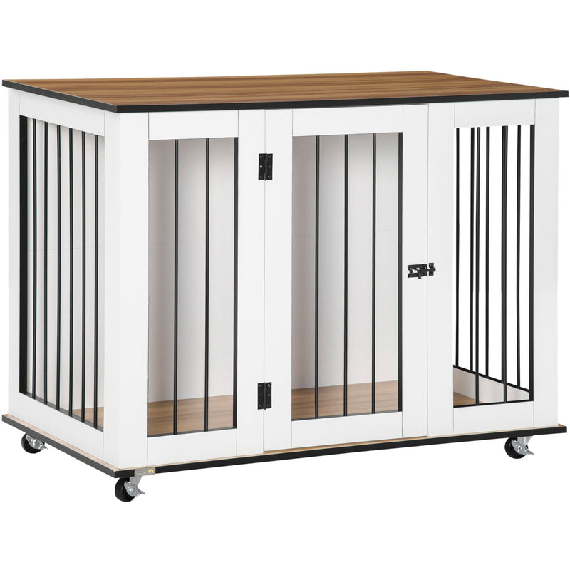 Large Dog Cage End Table with Wheels, Front Latch, White