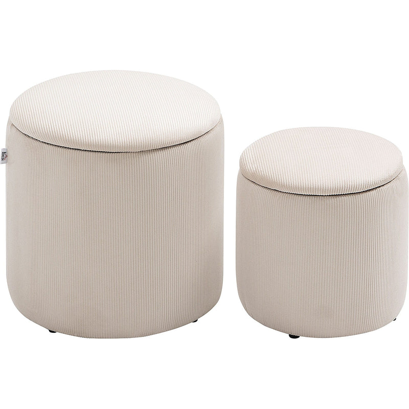 Set of 2 White Fabric Ottomans with Removable Lid