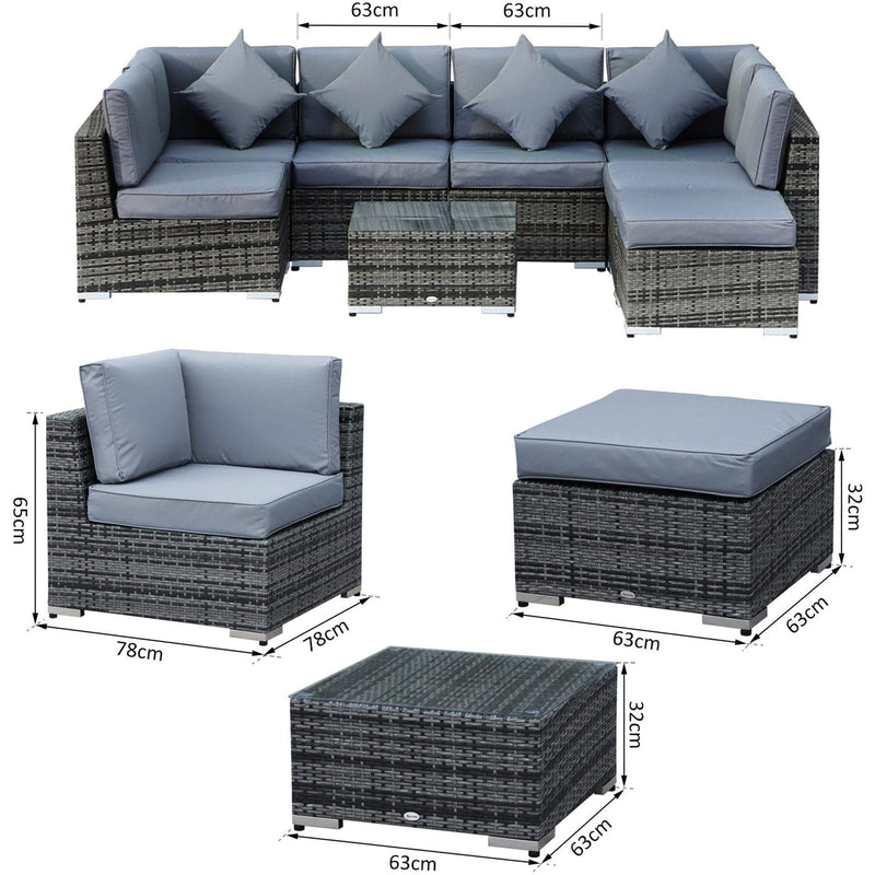 7 Seater Rattan Sofa Set with Wicker Table - Grey