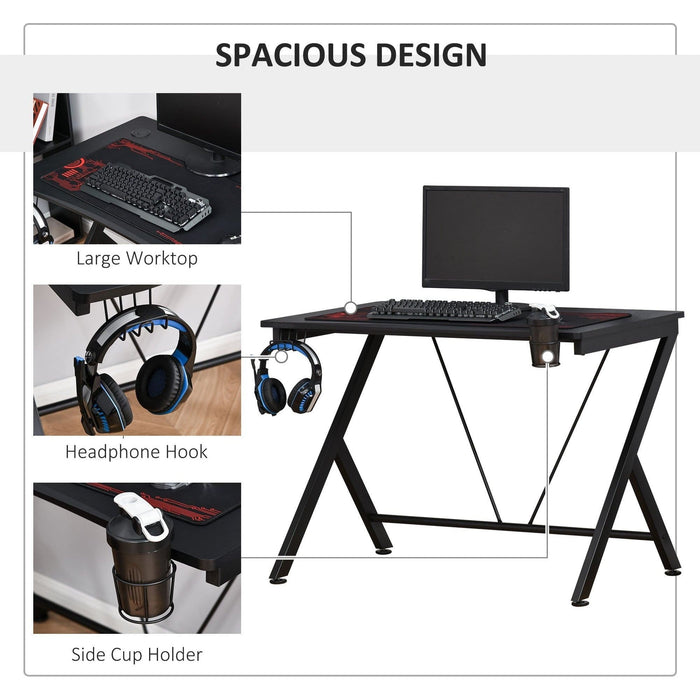 Black Gaming Desk With Cup Holder Headphone Hook Metal Frame