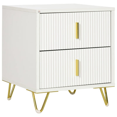 Fluted Bedside Cabinet With 2 Drawers Gold Metal Legs and Handles Homcom