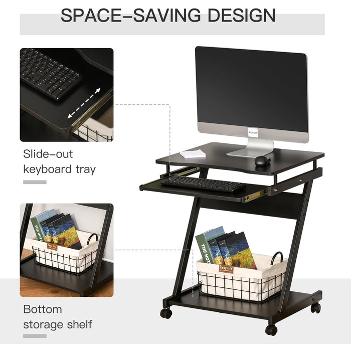 Computer Desk on Wheels with Keyboard Tray, Black