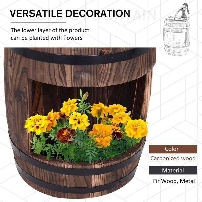 Outsunny Wood Barrel Patio Water Fountain Electric Pump Garden Decorative Ornament with Flower Planter Decor Outsunny