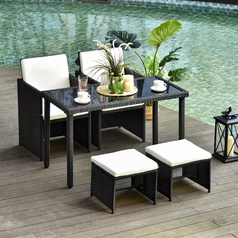 Rattan Dining Set with Table, Chairs & Footstools