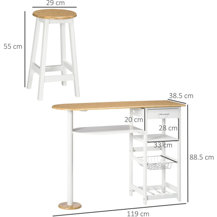 3 Piece Kitchen Bar Table and Stools, Storage Shelf