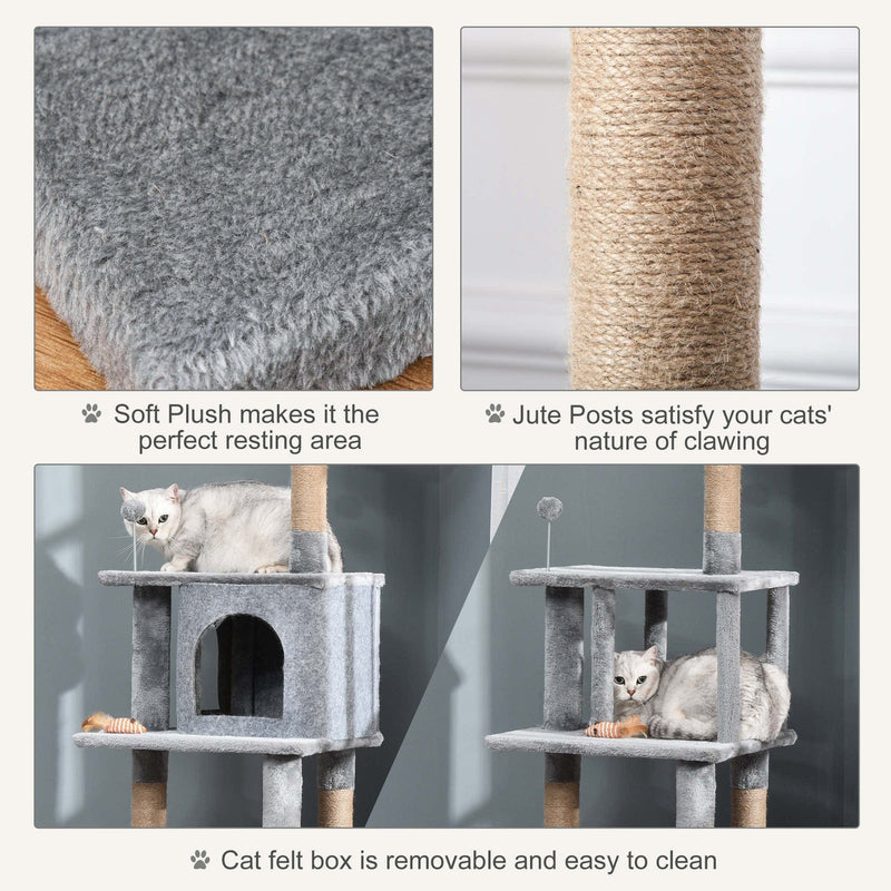 142cm Cat Tree, Climbing Centre, Jute Post, Condo, Grey