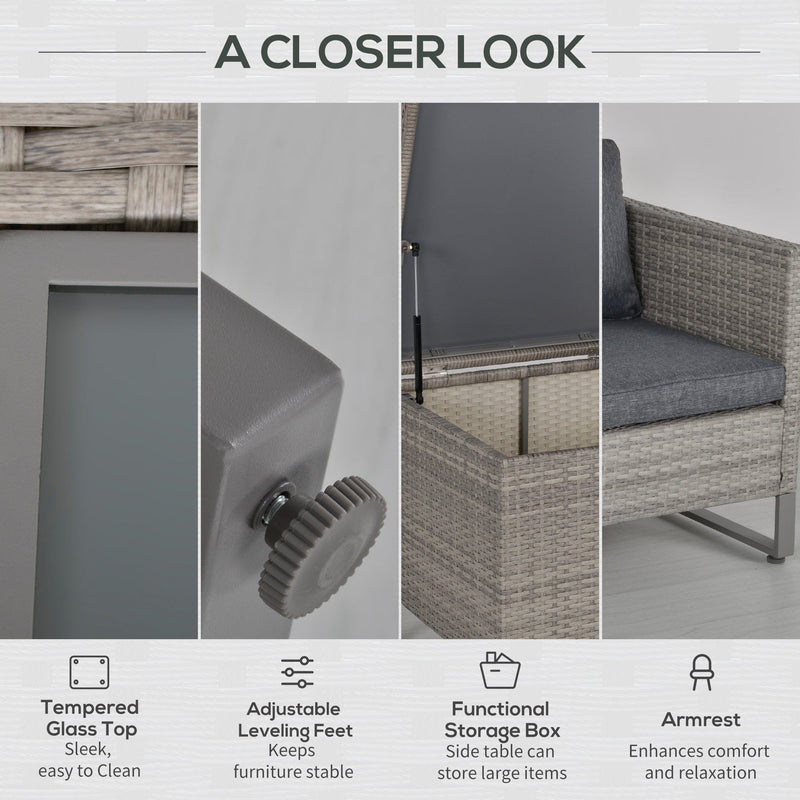 Outsunny Rattan Sofa Set with Storage, Glass Table, Grey