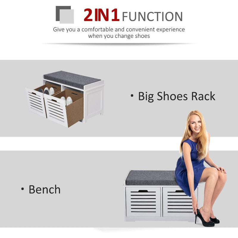 Shoe Storage Bench With Cushion and Drawers - White/Grey