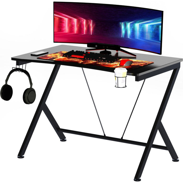Black Gaming Desk With Cup Holder Headphone Hook Metal Frame
