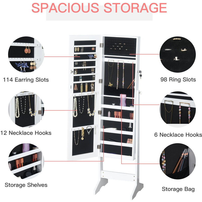Jewellery Cabinet, Full-Length Mirror, Lockable, White